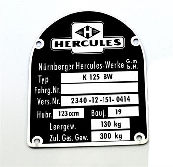 Hercules K 125 BW original Rahmen Typenschild -0414 